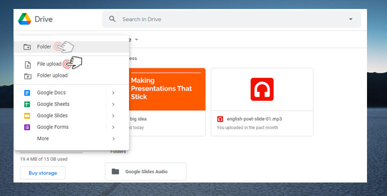 Create a folder in Google Drive and upload recorded audio files