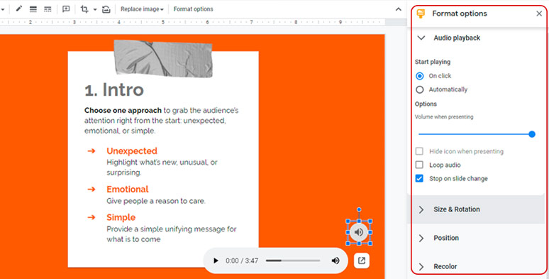 Customize the audio in Format Options of Google Slides