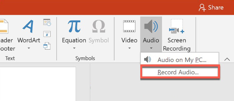 Press the “Record Audio” button to record a voiceover to a Powerpoint