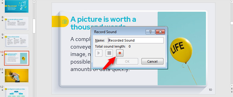 Press the record button to start recording a voiceover on PowerPoint