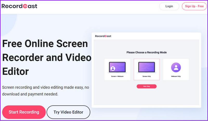 Online Screen Recorder - RecordCast: Step 1