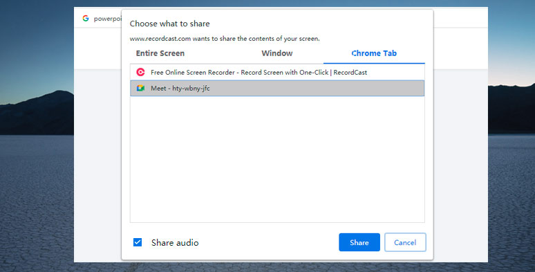Select the Chrome tab of Google Meet for recording