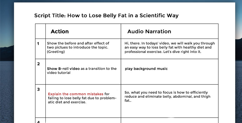 Write a script with actions and audio narrations for the training video