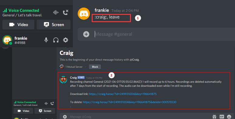 Tell Craig to stop recording Discord audio and get the link of audio recording