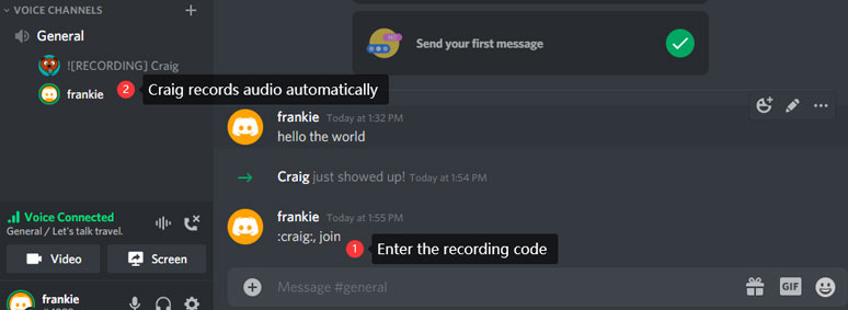 Enter Craig code to allow Craig bot to record Discord audio automatically