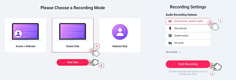 Choose your video and audio recording mode first in RecordCast