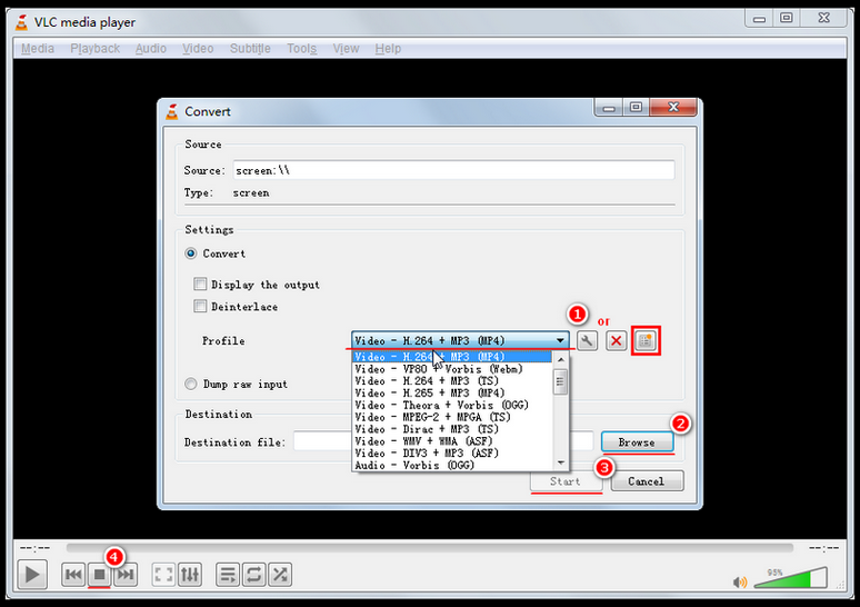 Set VLC output format and folder.